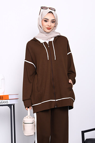 İmajButik Καφέ Σετ με κουκούλα συνδυασμός υφασμάτων Modal