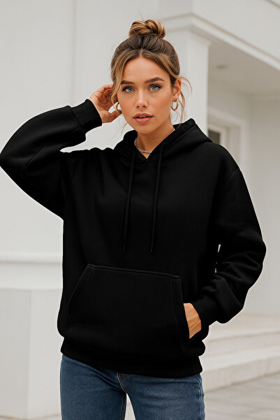 Rich Women's Black Kangaroo Pocket Hooded Scuba Sweatshirt