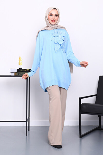 İmajButik Baby Blue Cold Yarn Floral Detailed Knitwear Tunic