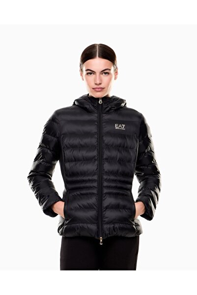 EA7 Men's Hooded Collar Long Sleeve Zippered Black Coat 7W000684 Af12475-Uc001