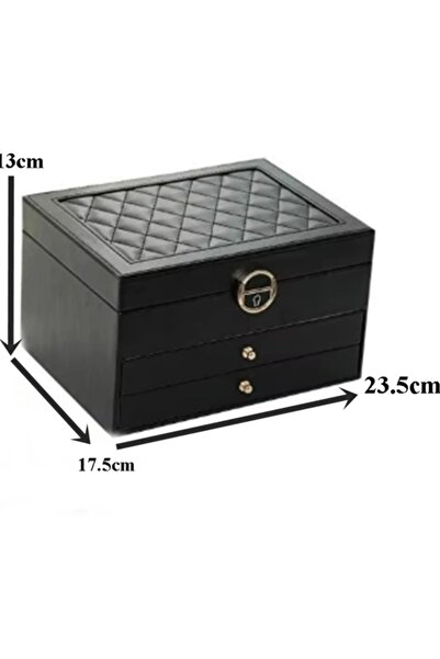 Arzu Güzel Cosmetics Kadınlar için 3 Katmanlı Kilitli Deri Mücevher Kutusu Çıkarılabilir Tepsili Düzenleyici