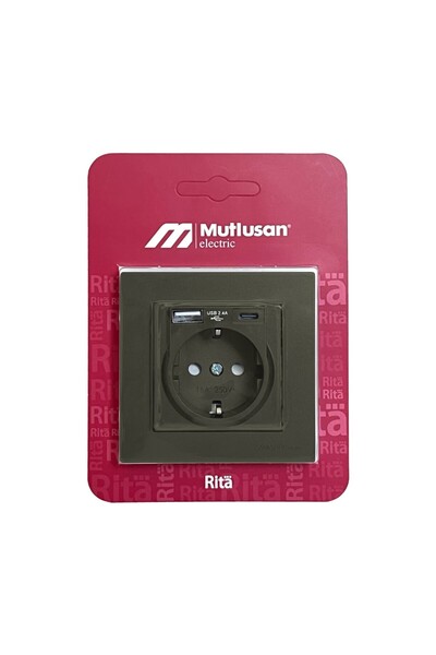 Mutlusan Rita Antrasit USB + Type-C Topraklı Priz - 2.4A Hızlı Şarjlı 2220 629 0286