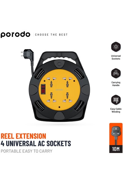 porodo بكرة 4 مقابس طاقة تيار متردد، 2500 واط، كابل نحاسي بطول 10 أمتار، متوافق مع القابس العالمي - أسود