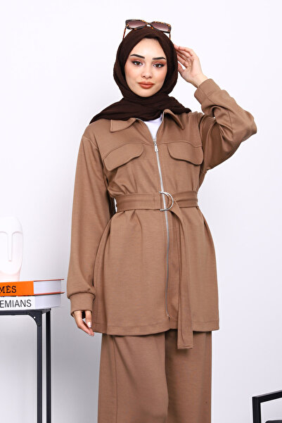 İmajButik Modal Suit with Mink Pocket and Waist Belt