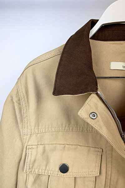 Flow Taba Bej Kahverengi Yakalı Crop Ceket