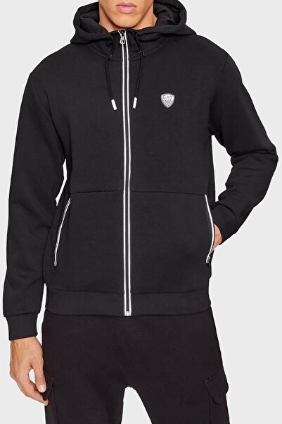 EA7 Men's Hooded Zipper Closure Long Sleeve Pocket Detail Black Sweatshirt 8Npm20 Pj4Ez-1200
