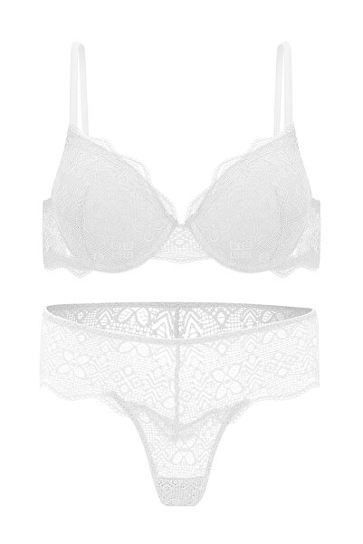 Wonna Anna 2735 Lace Low-Cut Padded Push-Up Bra and Panty Set - Ecru