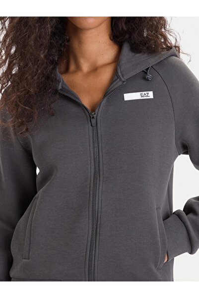 EA7 Men's Hooded Collar Zipper Closure Letter Pattern Pocket Detail Black Sweatshirt 7W000675 Af13151-U8117