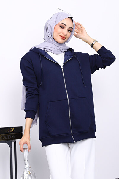 İmajButik Μπλε ναυτικό χρώμα Ζακέτα με τρεις κλωστές με φερμουάρ και τσέπες επένδυση fleece