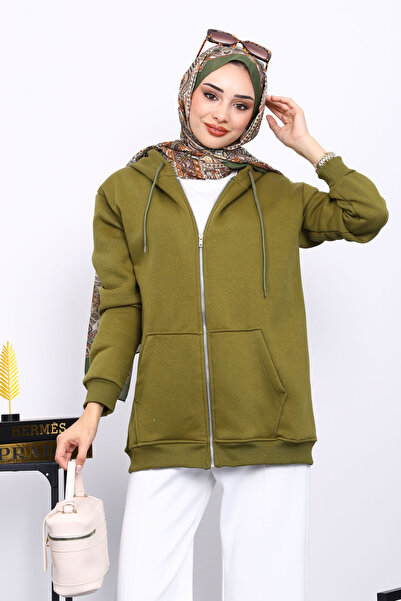 İmajButik Ζακέτα Yağ Yeşil με τρεις κλωστές με φερμουάρ και τσέπες επένδυση fleece