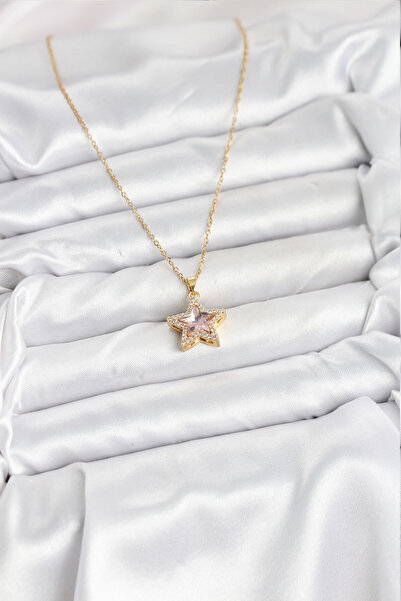 Bernami Special Steel Chain Pink Stone Star Model Women's Necklace Offer!! !