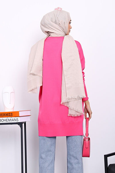 İmajButik Fuchsia Houndstooth Patterned Cold Yarn Knitwear Tunic