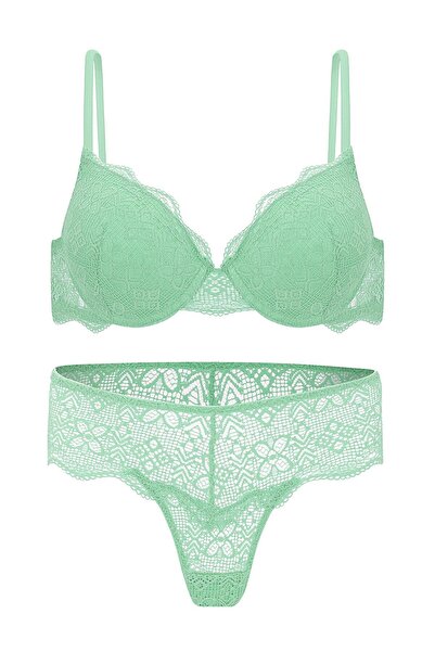 Wonna Anna 2735 Lace Low-Cut Padded Push-Up Bra and Panty Set - Green