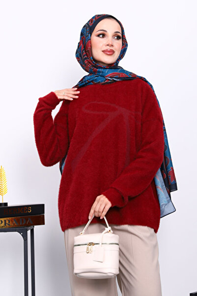 İmajButik Burgundy Crew Neck Patterned Angora Soft Knit Sweater