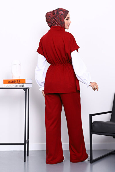 İmajButik Burgundy Zippered Vest and Pants Modal Suit