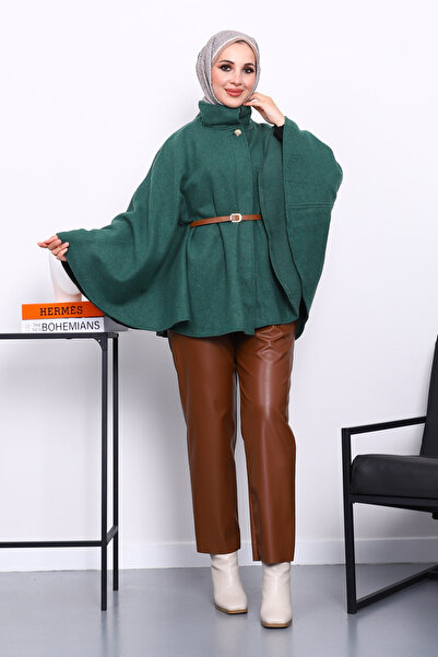 İmajButik Πόντσο με σμαραγδένιο πράσινο γιακά και ζώνη μέσης