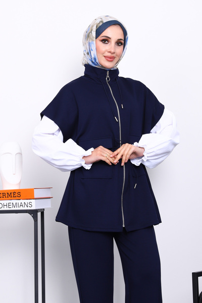 İmajButik Navy Blue Zippered Vest and Pants Modal Set