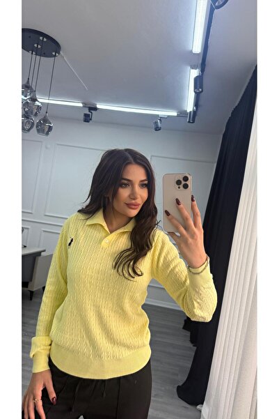 Daves Yellow Polo Buttoned Collar Long Sleeve Knit Sweater