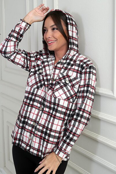By Saygı Women's Hooded Plaid Patterned Metal Button Pocket Shirt