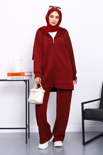 İmajButik Burgundy Stone Scuba Tunic Trouser Suit