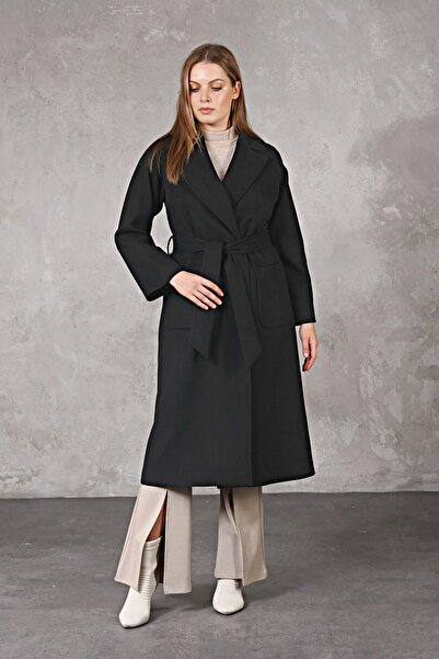 P Prilika Collection Kadın Kuşaklı Astarlı Cepli Uzun Oversize Kaşe Kaban