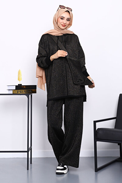 İmajButik طقم تريكو مع بنطلون تونيك لامع مع حقيبة سوداء