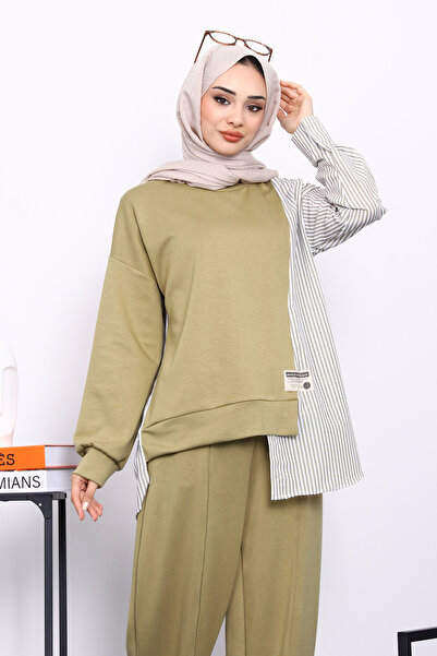 İmajButik Khaki Paneled Tunic Striped Suit with Trousers