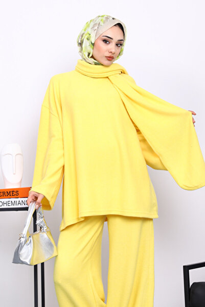 İmajButik Corded Fabric Sets with Yellow Scarf Tunic and Trousers