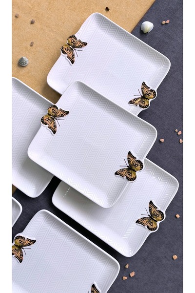 Erbaşlar Luxury Relief Butterfly 6 Piece Square Cake Plate Set, Cake Plate (21X18 cm)