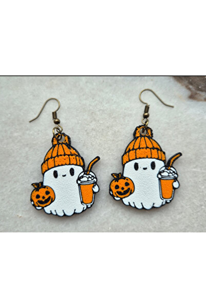 Kanem3D Pumpkin Ghost Earrings - Special Design Coffee-Colored Beret with Gho...