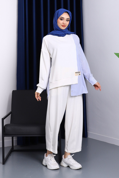 İmajButik طقم مخطط من إكرو بقطع قماش مخيطة معاً مع بنطلون تونيك