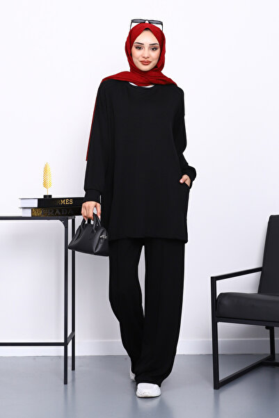 İmajButik Set modal negru cu buzunar lateral și parte inferioară cu umăr vipușcă