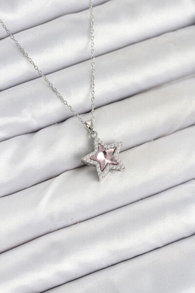 Bernami Special Steel Chain Color Pink Stone Star Model Women's Necklace Offer!! !