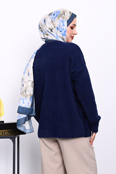 İmajButik Navy Blue Crew Neck Patterned Angora Soft Knit Sweater