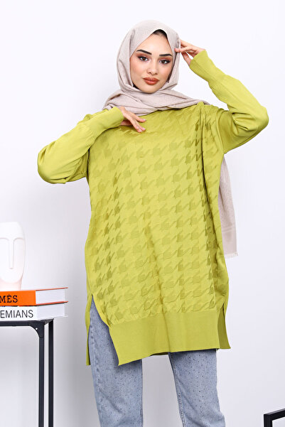 İmajButik Oil Green Houndstooth Patterned Cold Thread Knitwear Tunic