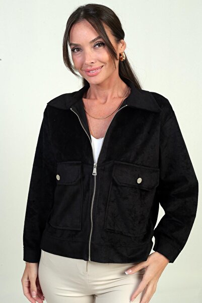 By Saygı Women's Suede Coat with Pockets and Front Zipper