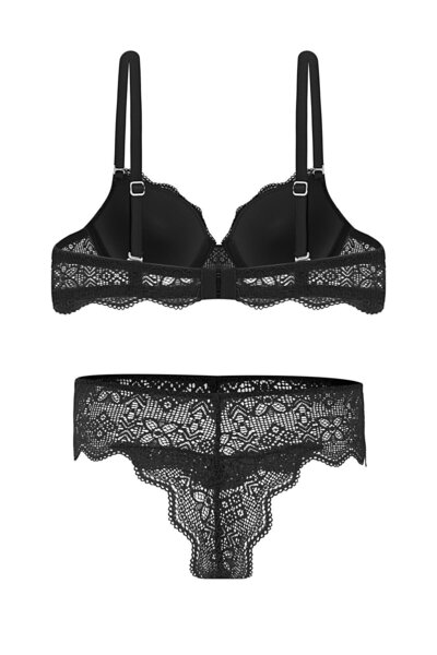 Wonna Anna 2735 Lace Low-Cut Padded Push-Up Bra and Panty Set - Black