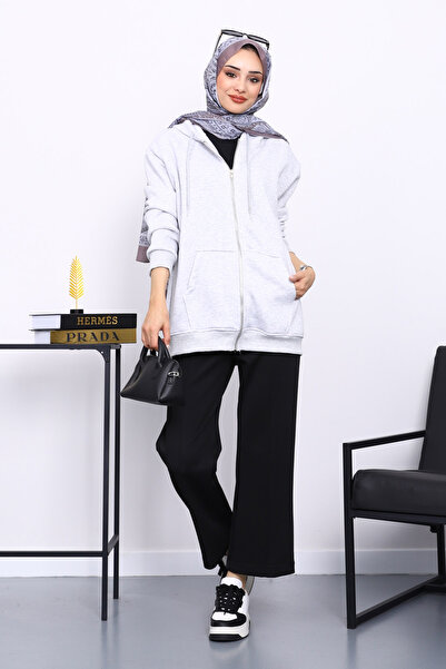 İmajButik Gray Pocketed Zippered Three Thread Sh Fleece-Lined Cardigan