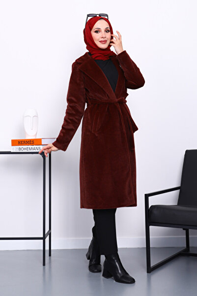 İmajButik Μπορντό παλτό Angora Cashmere με διπλό πέτο τσέπες στο γιακά