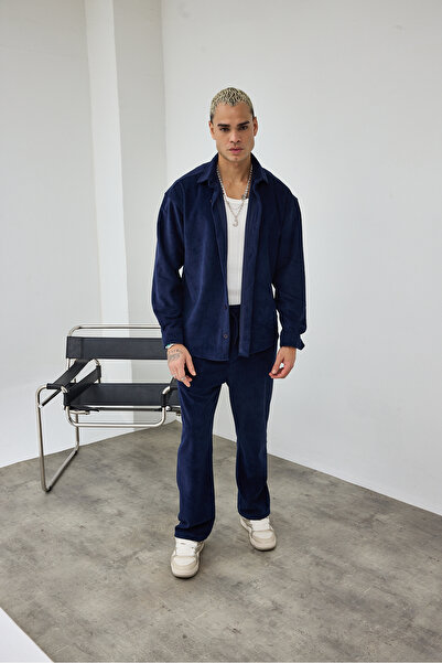 MADZEYMODA Преміум чоловічий синій зручний крій оксамитовий сорочка і штани комплект LS-19533