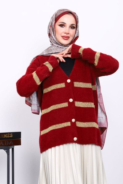 İmajButik Burgundy V-Neck Angora Soft Cardigan