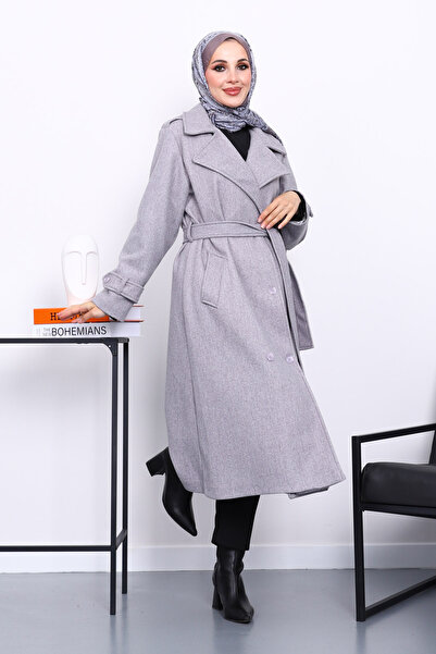 İmajButik Gray Double-Breasted Collar Belted Cashmere Coat