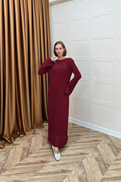 Stilife Palmiye Fileli Triko Elbise Bordo