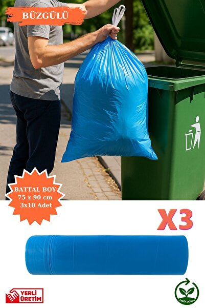 Poshetto Premium Büzgülü Battal Boy Çöp Poşeti 75x90 cm 3x10 Adet Ev Mutfak İ...