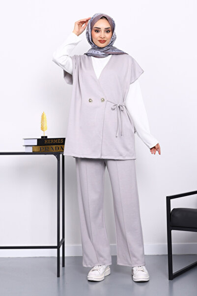 İmajButik Gray Vest Set Tunic Pants Triple Set