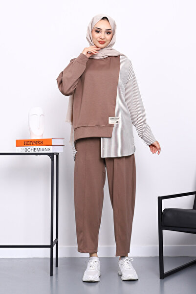 İmajButik Mink Paneled Tunic Striped Suit with Trousers