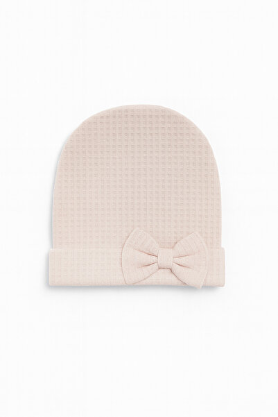 LOGO AKSESUAR Baby Girl Bowknot Ecru Powder Pink 3-Piece Cotton Hat