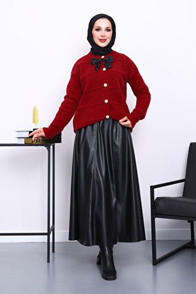 İmajButik Burgundy Bow Detailed Angora Soft Knitwear Cardigan