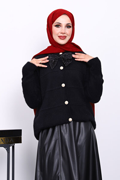 İmajButik Black Bow Detailed Angora Soft Knitwear Cardigan