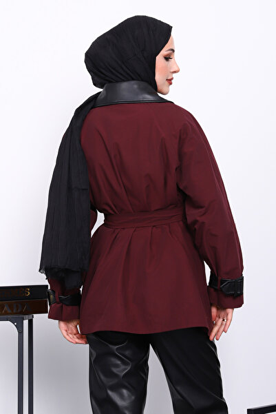 İmajButik Δερμάτινο παλτό με λεπτομέρειες από δέρμα δαμάσκηνου και ζώνη